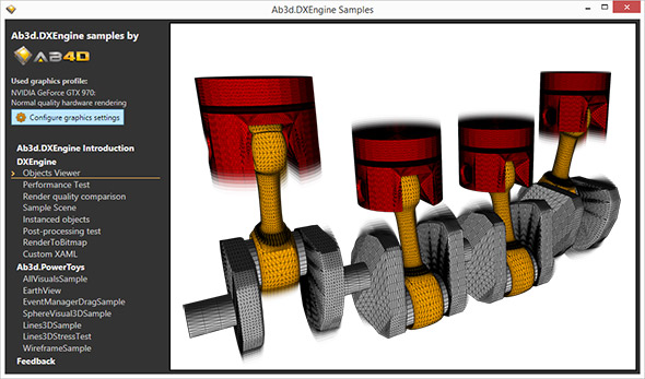 Car engine rendered with solid model and wireframe in Ab3d.DXEngine