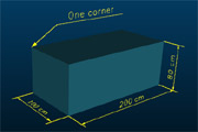 3D box model with 3D text showing the size measurements of the box