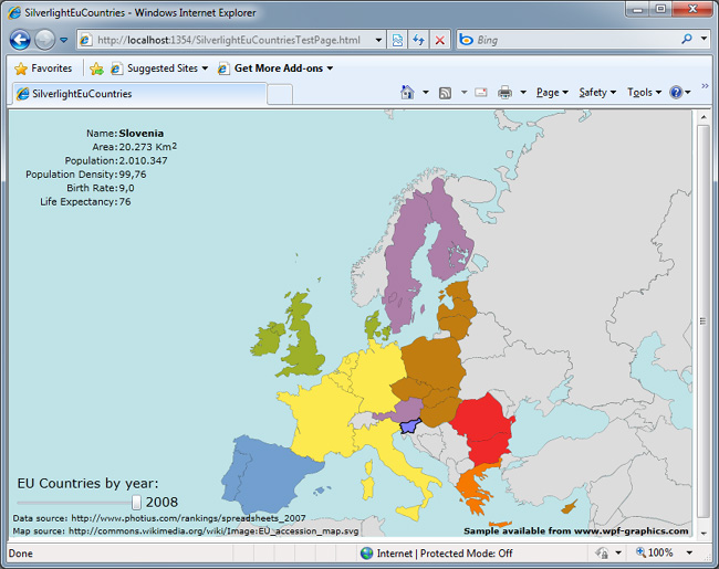 The sample shows a dynamic Map of Europe in Silverlight application. The map was converted from svg into XAML with ViewerSvg.