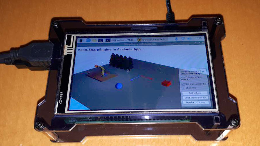 Photo of Avalonia UI Vulkan based Ab4d.SharpEngine on Raspberry Pi 4 with a touch screen
