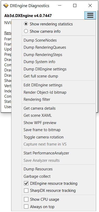 Ab3d.DXEngine Diagnostics menu