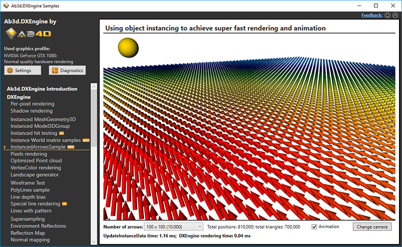 Using DirectX instancing to render many animated 3D arrows (on modern PC it is possible to render millions of arrows)