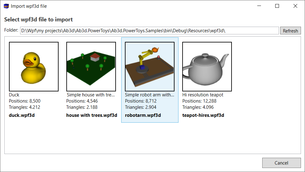 Simple dialog to import wpf3d files shows some file metadata and preview bitmap