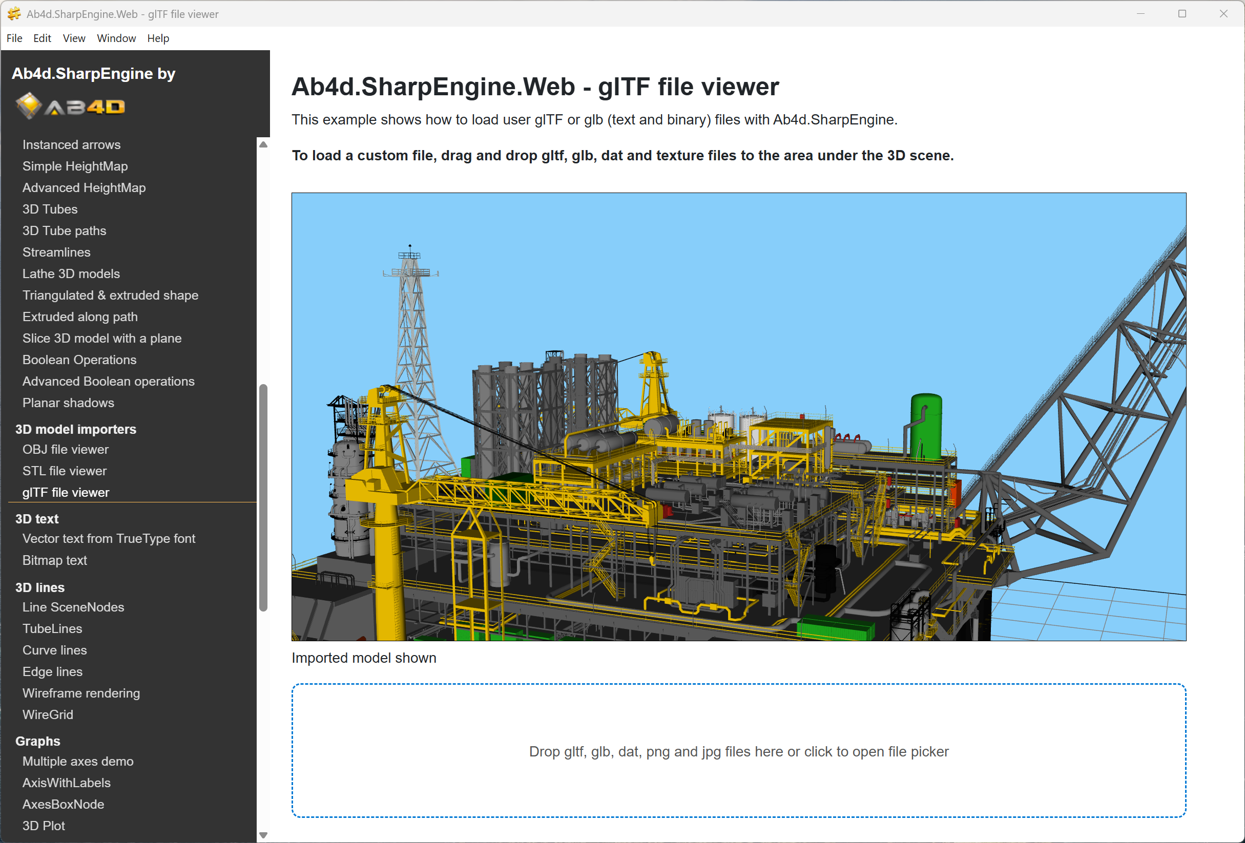 Complex oil rig model in Electron app with Ab4d.SharpEngine