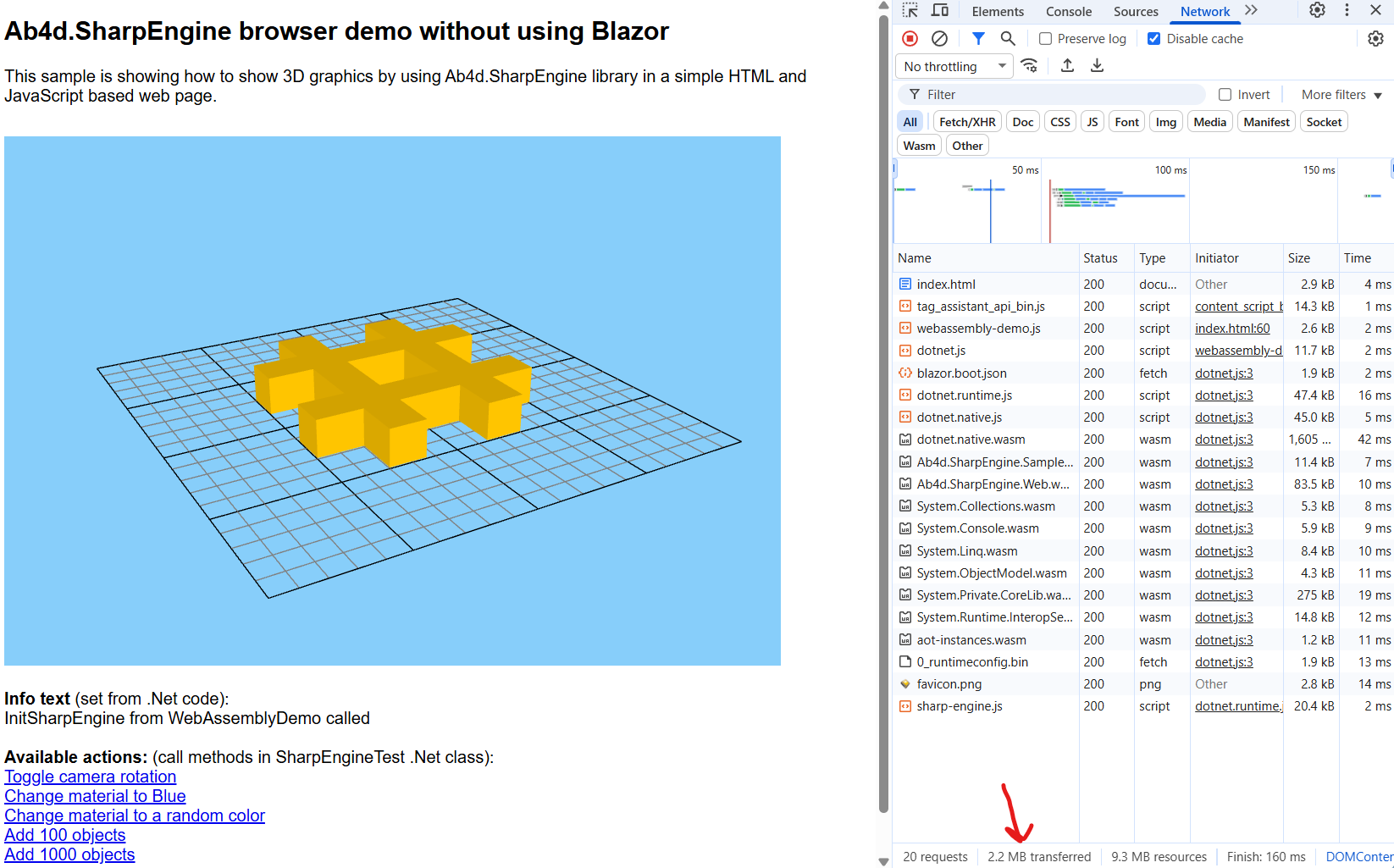 3D scene rendered by SharpEngine in browser on node.js Express web server and by using Brotli compression