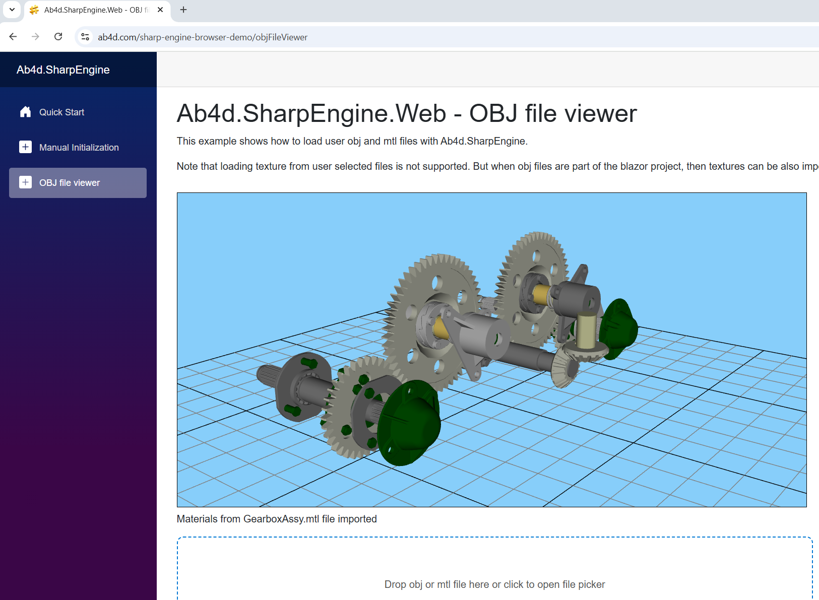 Ab4d.SharpEngine.Web sample showing imported gearbox obj model