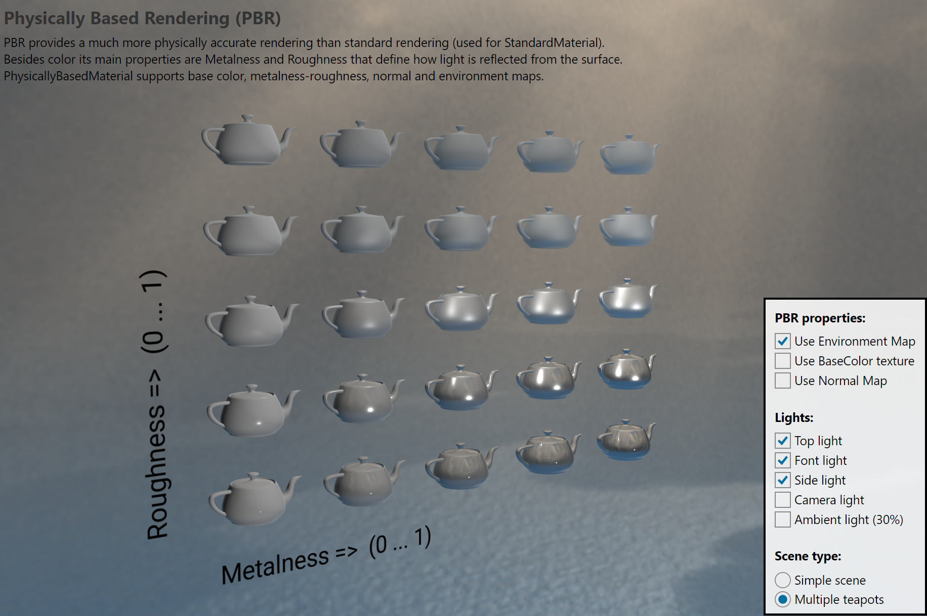 PBR materials with different metalness and roughness