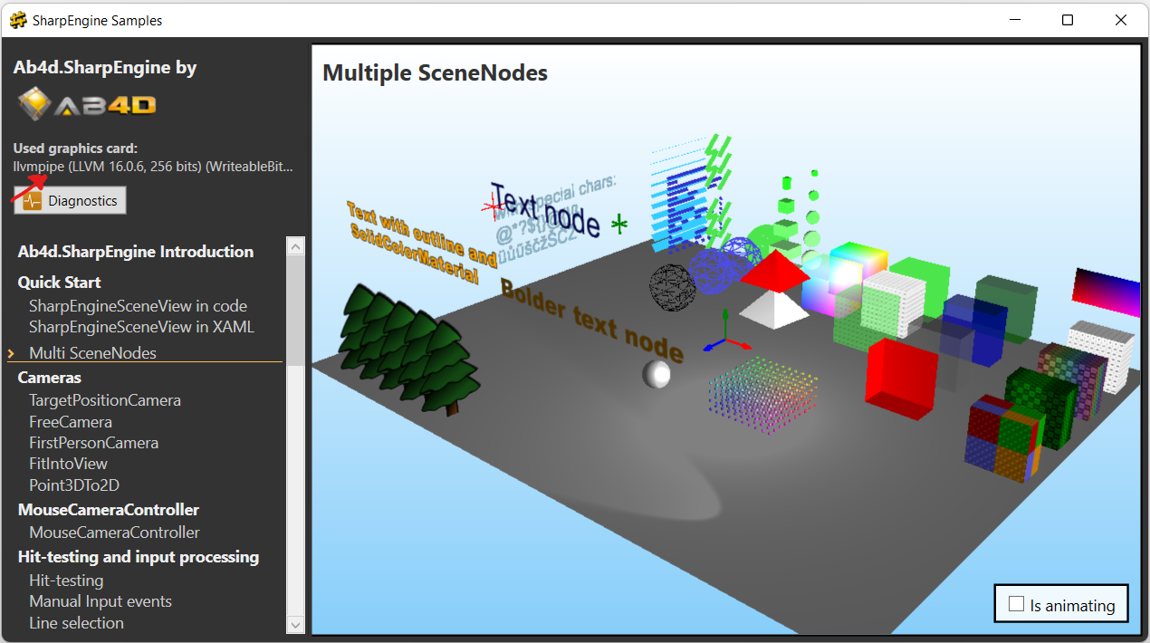 SharpEngine samples application using Vulkan graphics running on Mesa's LLVMpipe software rasterizer.