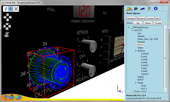 Viewer3ds: Showing details of selected object - bounding box in red, triangles in green and normals in blue.